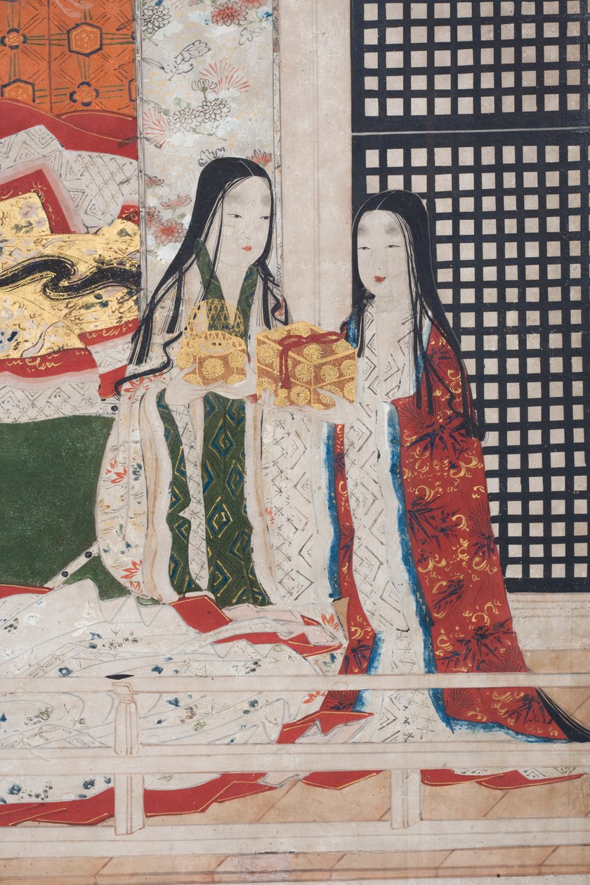 宫殿里的春天的细节，源于源氏物语的六重屏幕，c.1650（墨水，颜色和纸上的黄金） 作者 日本学校