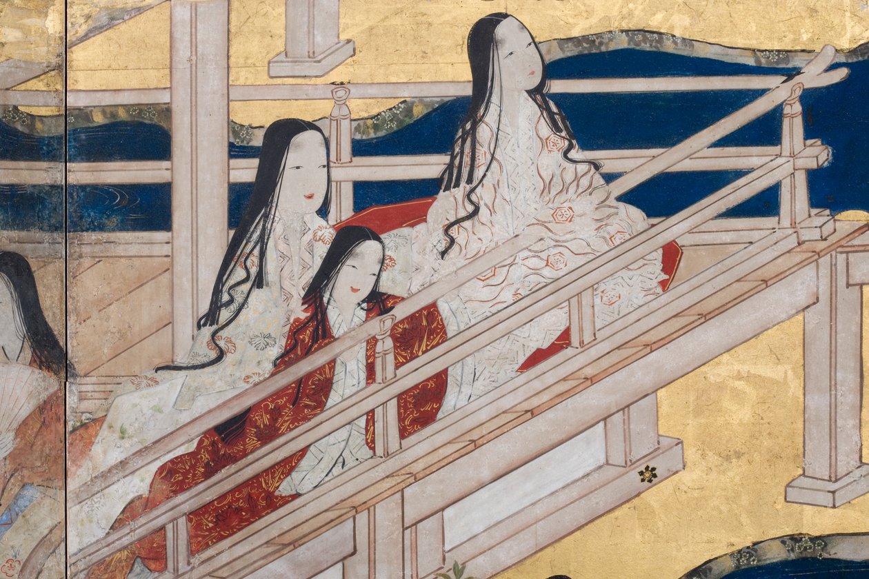 宫殿里的春天的细节，源于源氏物语的六重屏幕，c.1650（墨水，颜色和纸上的黄金） 作者 日本学校