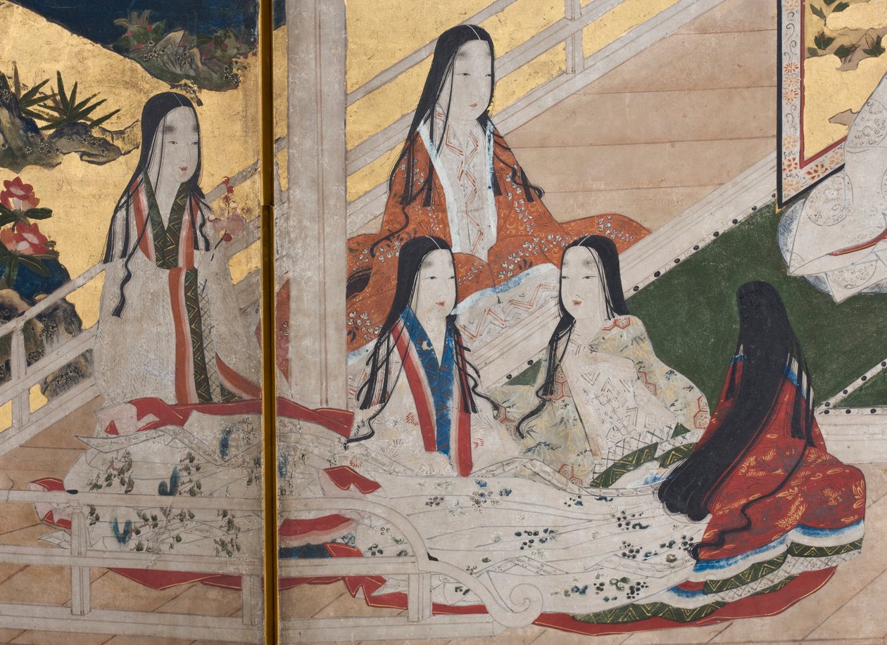宫殿里的春天的细节，源于源氏物语的六重屏幕，c.1650（墨水，颜色和纸上的黄金） 作者 日本学校