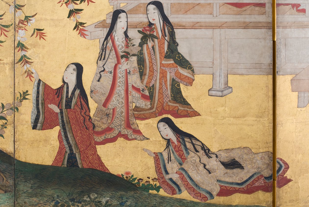 宫殿里的春天的细节，源于源氏物语的六重屏幕，c.1650（墨水，颜色和纸上的黄金） 作者 日本学校