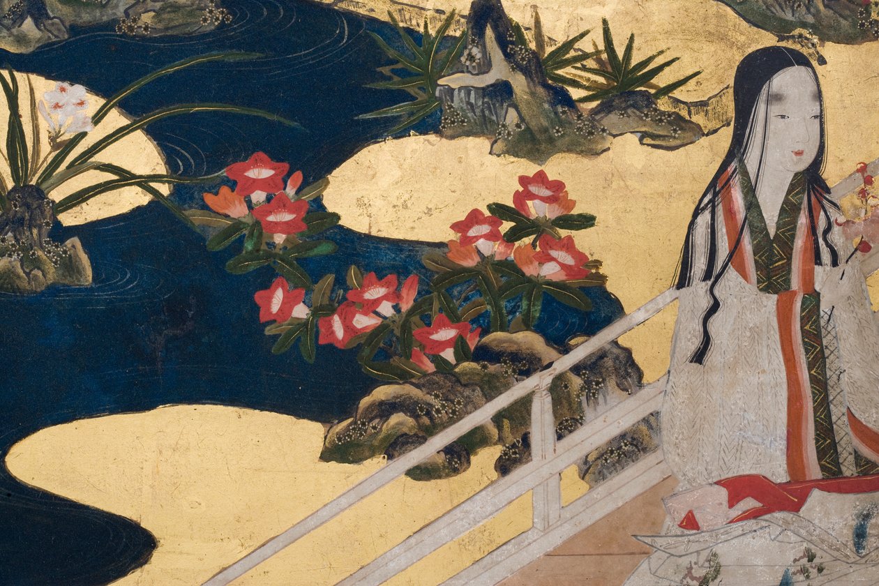 宫殿里的春天的细节，源于源氏物语的六重屏幕，c.1650（墨水，颜色和纸上的黄金） 作者 日本学校