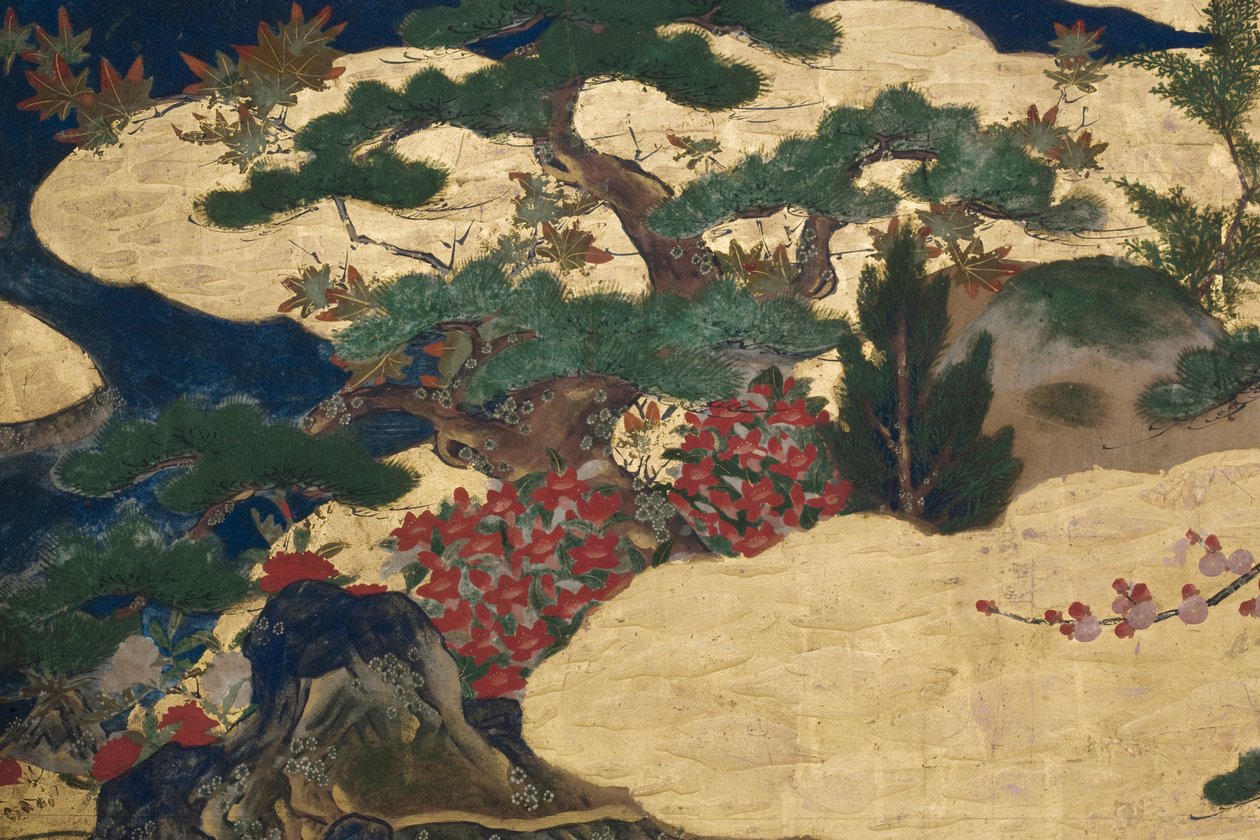 宫殿里的春天的细节，源于源氏物语的六重屏幕，c.1650（墨水，颜色和纸上的黄金） 作者 日本学校