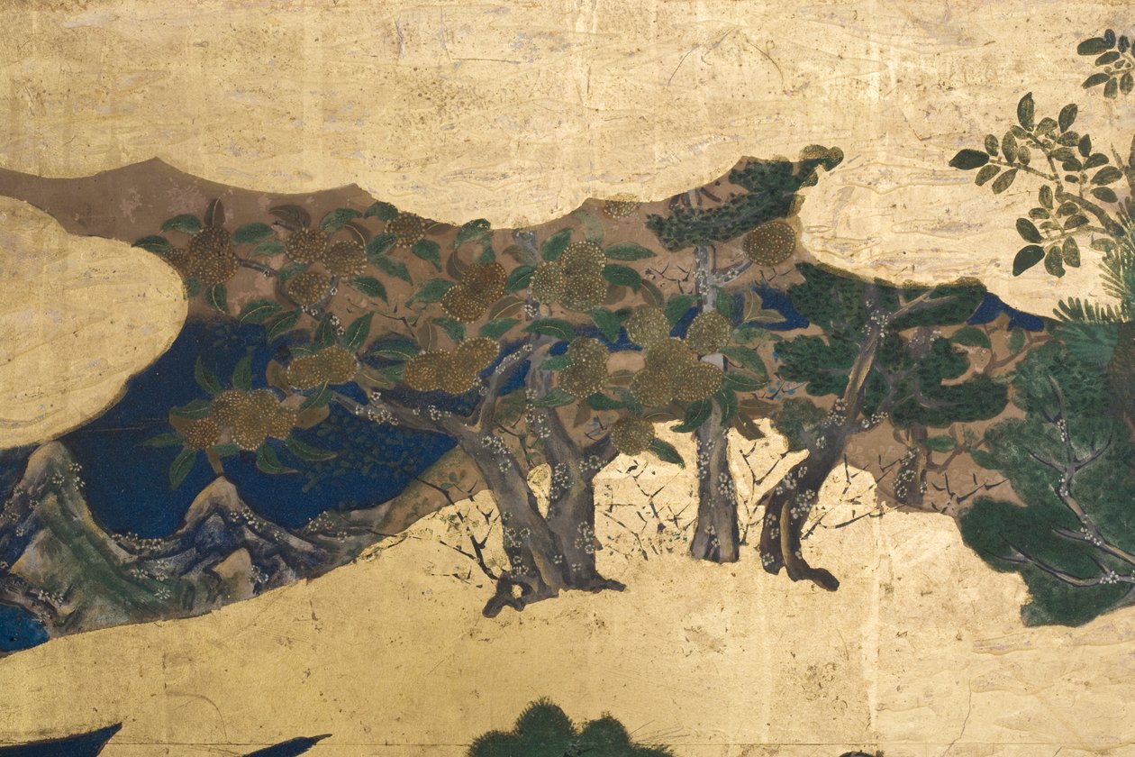 宫殿里的春天的细节，源于源氏物语的六重屏幕，c.1650（墨水，颜色和纸上的黄金） 作者 日本学校