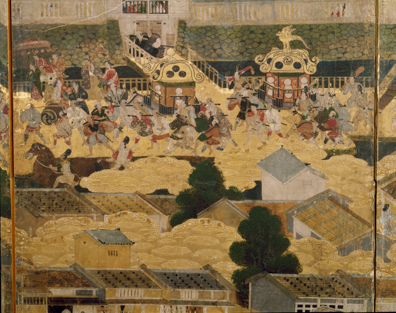 约 1616-24 年，《京都内外景色》（Rakuchu rakugai zu）细部（纸上墨水、彩色和金箔） 作者 日本学校