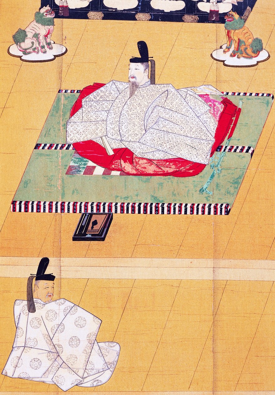 后醍醐天皇和大臣藤房，木刻，镰仓时代（1185-1333 年），日本文明 作者 日本学校