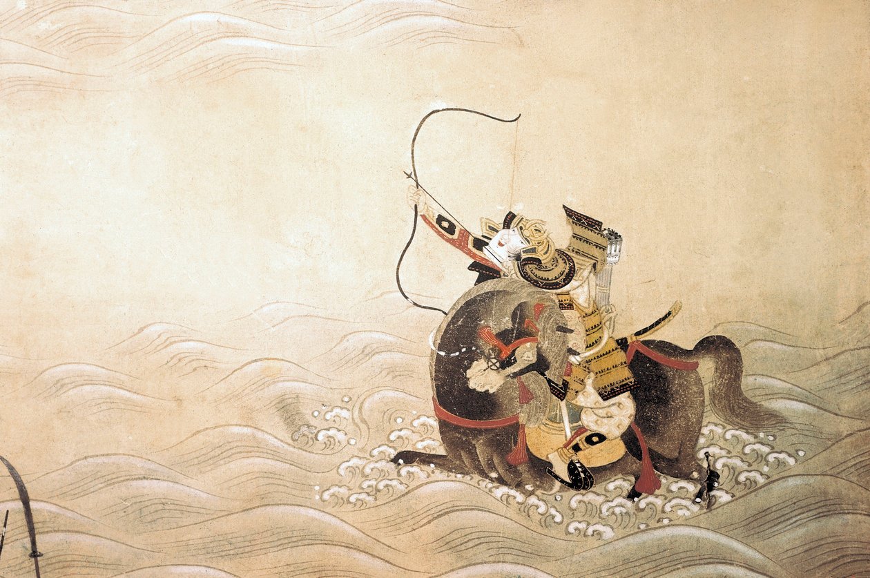 Episode of the Genpei (Gen Pei) War (1180-1185): a samurai armed with a bow and mounted on a horse crosses a river at a gue. Japanese art of the Tosa school 作者 日本学校