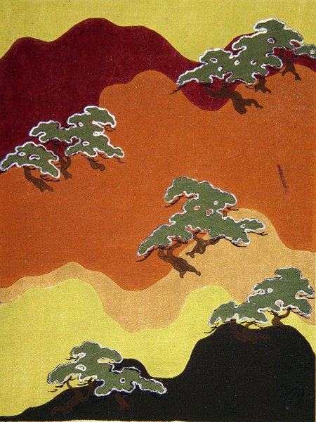 有树的山的织物设计，十九世纪末（水彩画） 作者 日本学校