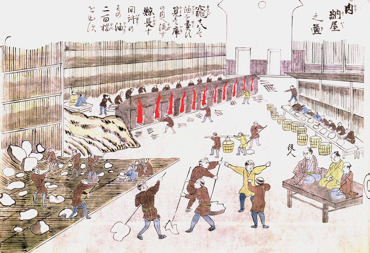 工厂准备鲸鱼产品，19世纪末（彩色雕刻） 作者 日本学校