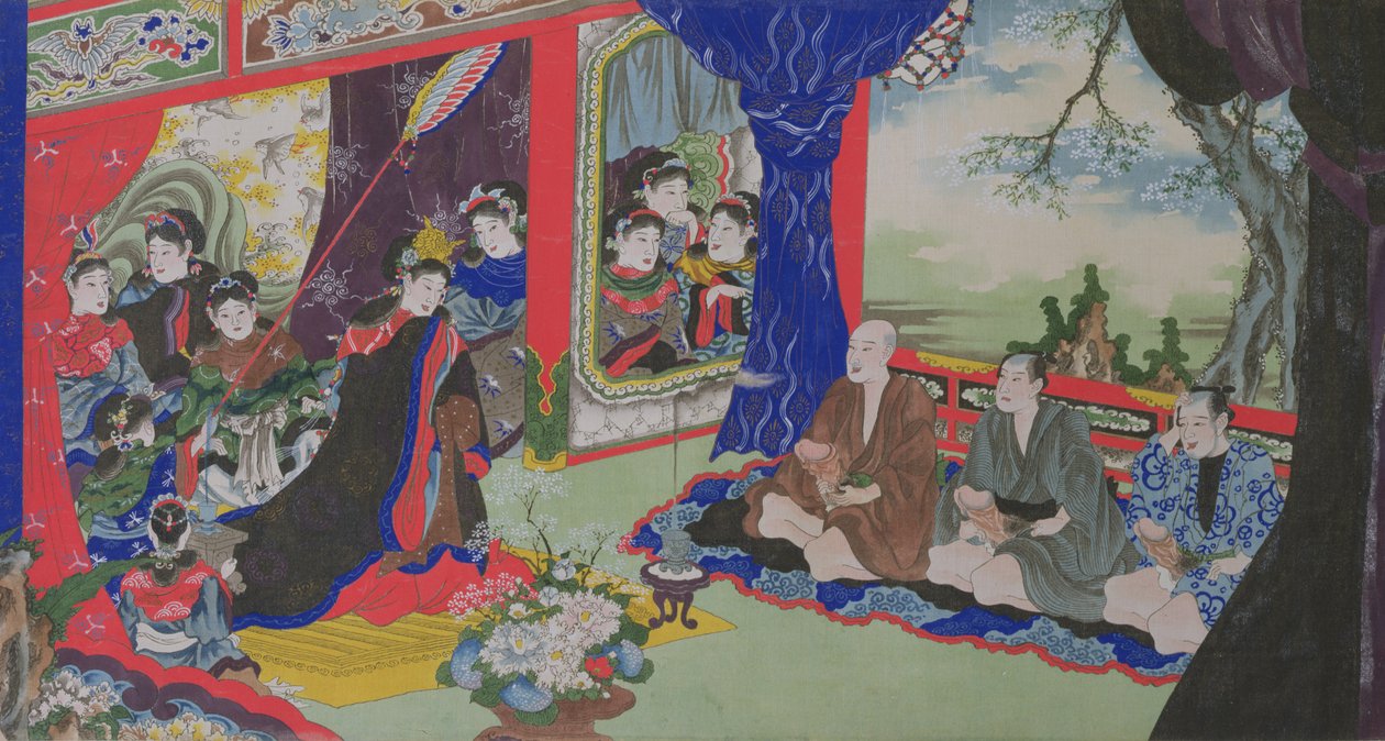 渔民向皇后及其宫廷展示他们的阴茎，选自一个关于渔民在一个女人居住的小岛上遇难的色情故事（手绘版画） 作者 日本学校