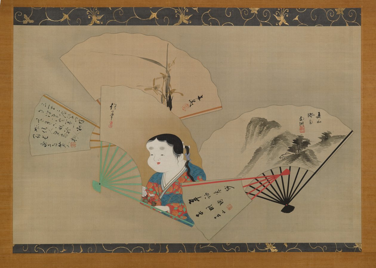 五个粉丝，由Sakai Hoitsu（1761-1828），Tani Buncho（1763-1840），Haruki Nanko（1759-1839），Kameda Bosai（1752-1826）和Kikuchi Gozan（1772-1855），1820年代（挂轴） ，丝绸上的墨水，gofun和金色） 作者 日本学校