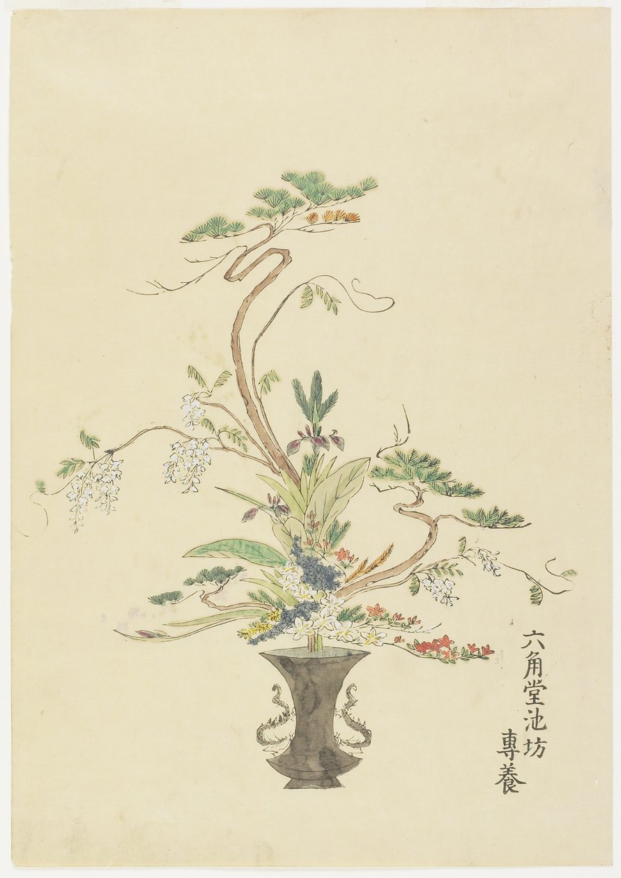 Rokkakud的插花？ Ikenob？ SENY ;松树和金合欢，（手工彩色木版画） 作者 日本学校
