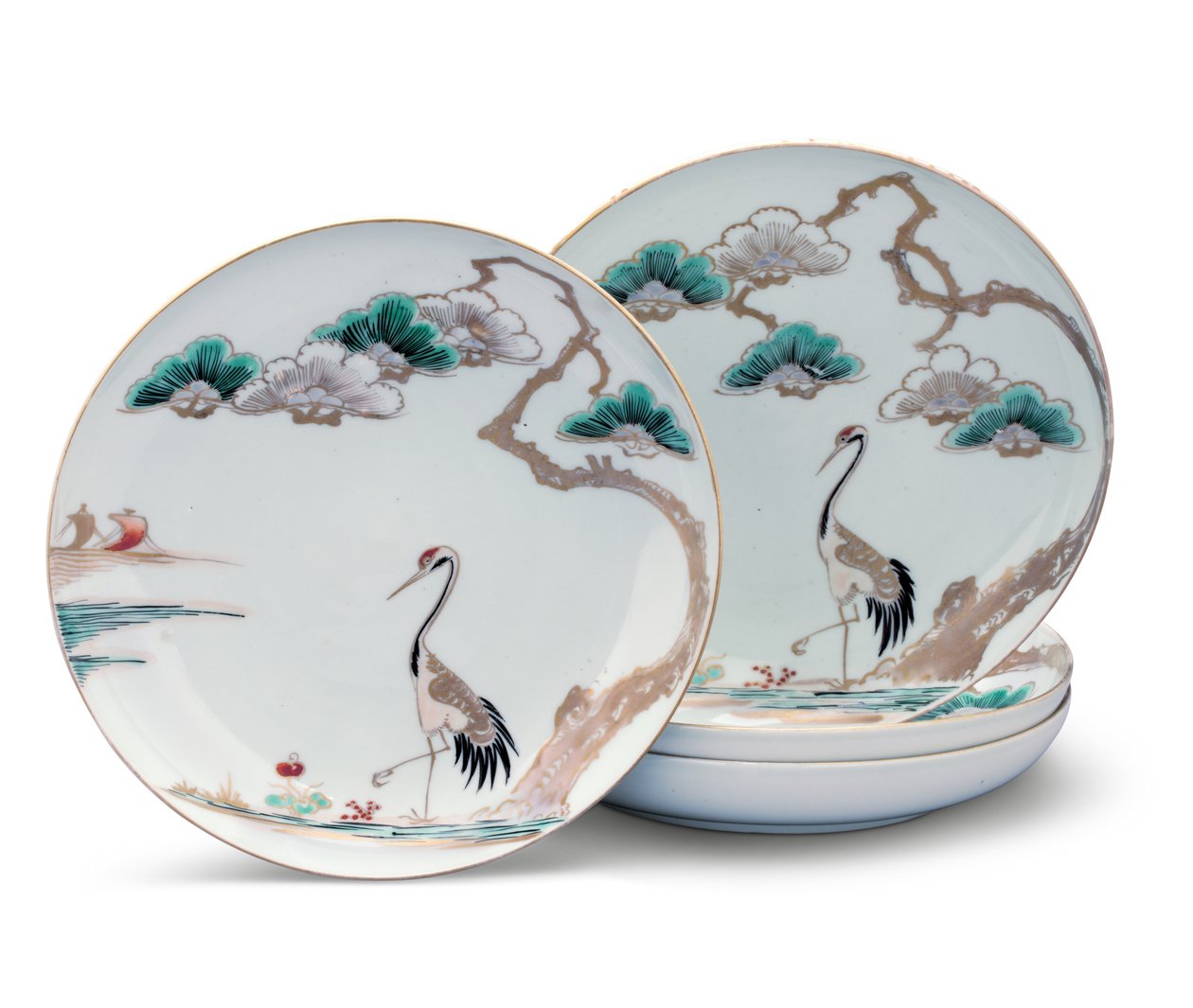 四个盘子，江户时代（瓷器，带有红色，绿色，蓝色和黑色上釉搪瓷和镀金） 作者 日本学校