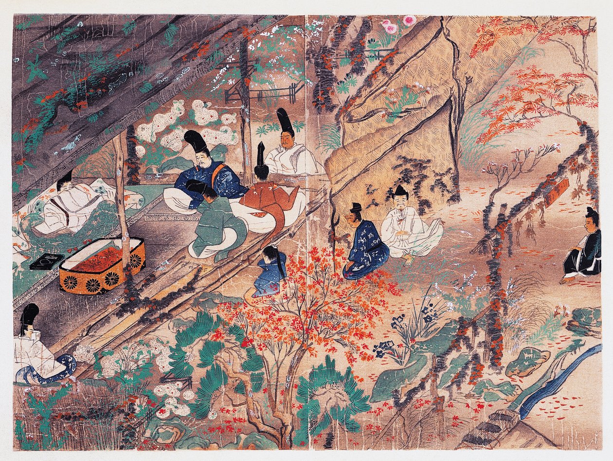 平安时代的政治家和诗人菅原道真（845-903 年），人称天神，流亡于京都北野天满宫，正在分割曾经的天皇藤原信纲（1176-1268 年）捐赠的衣物，镰仓时代（1185-1333 年），日本 作者 日本学校