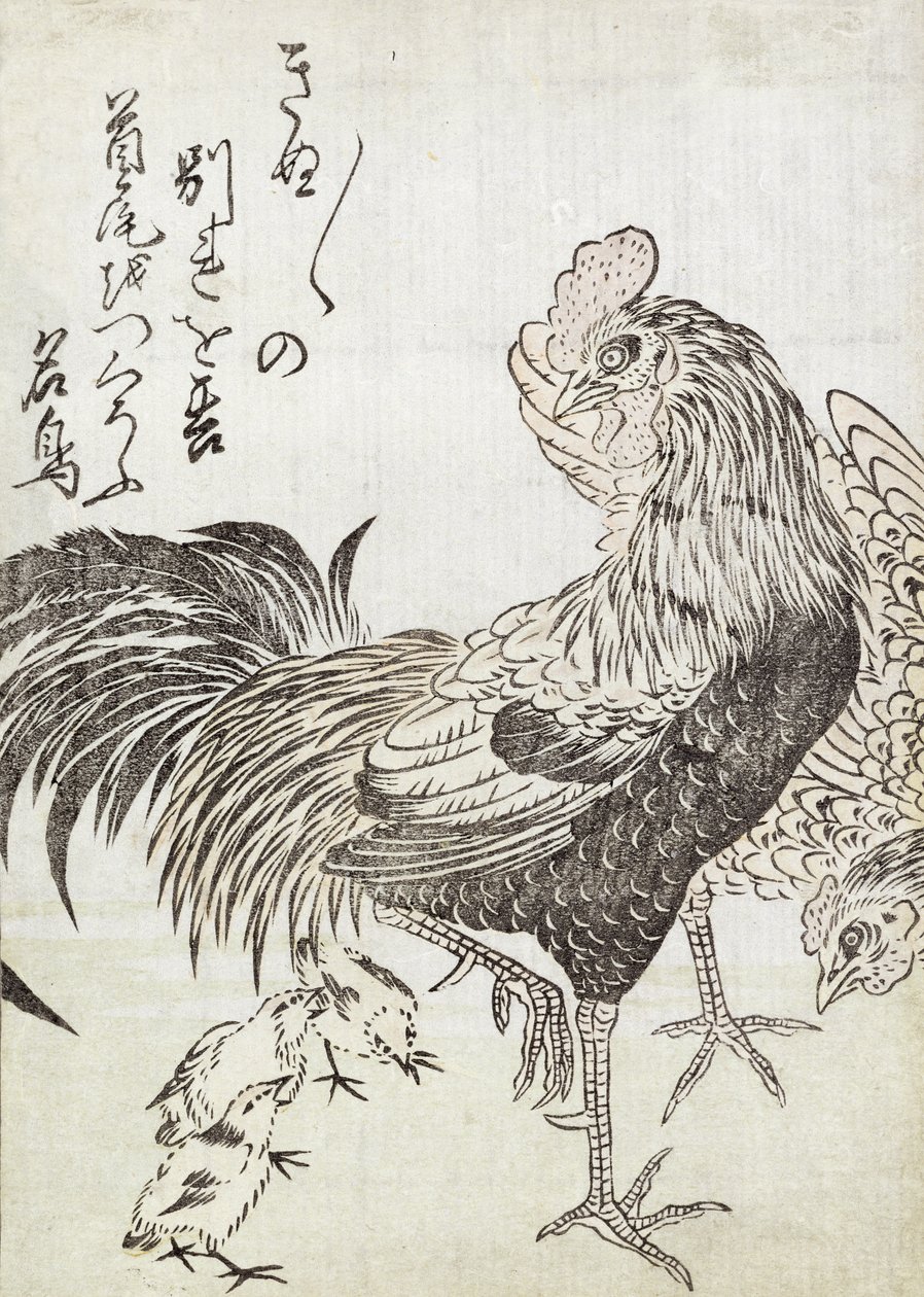 母鸡，公鸡和小鸡（木版印刷） 作者 日本学校