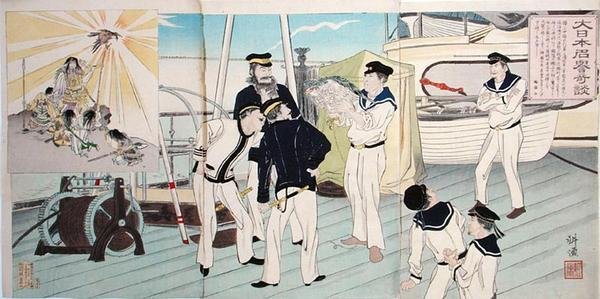 日本水手欣赏他们的老鹰吉祥物，中日战争中的一个插曲，19世纪末（彩色木版画）。 作者 日本学校