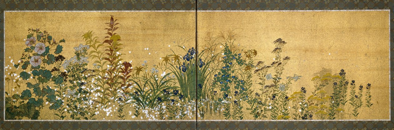 Japanese art: screen panels decorated with flowers. Style of the school of Rimpa (1596-1615). Painting on silk. Dim. 65x189 cm Private collection 作者 日本学校
