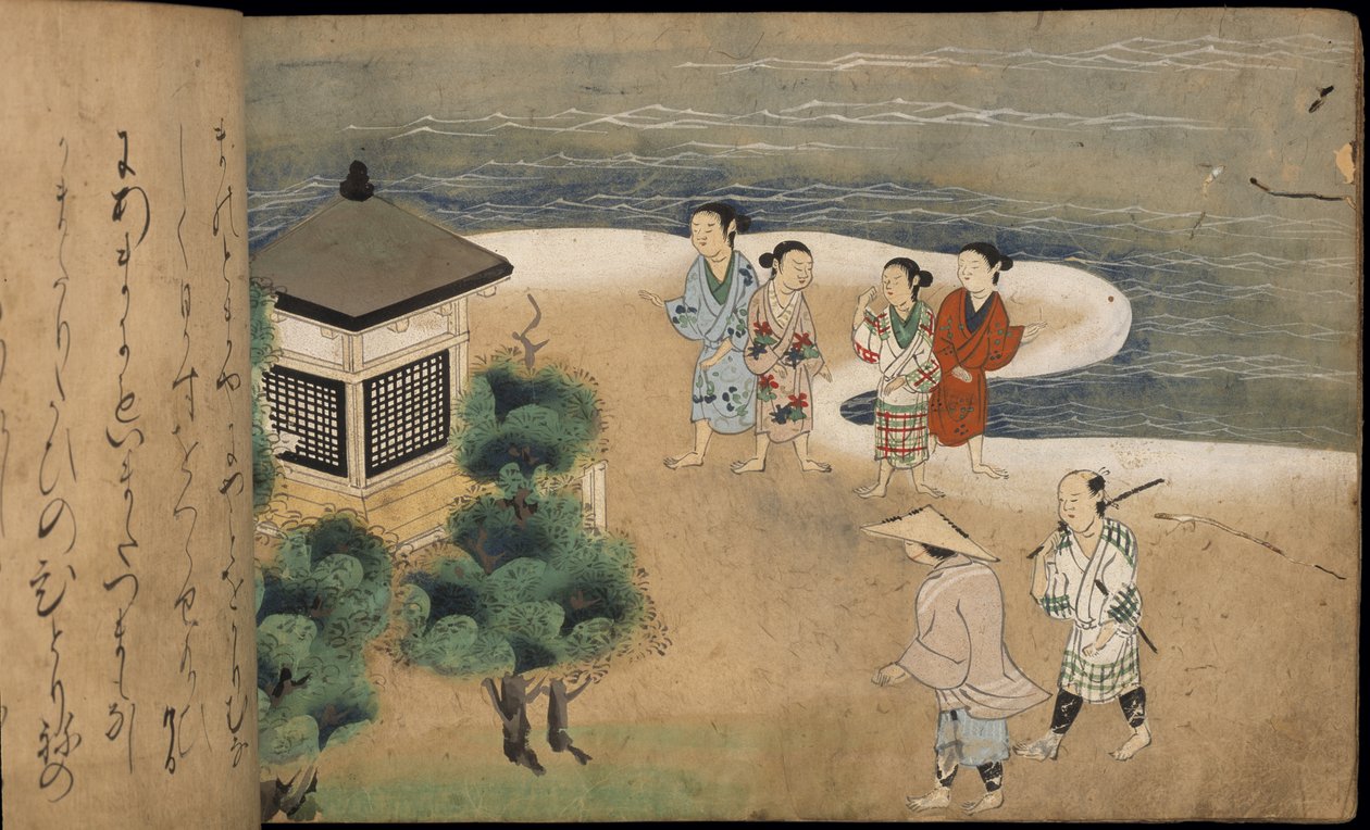 宝塔旁的日本男子，选自 "大正馆 "的插图（纸本水墨彩色画） 作者 日本学校