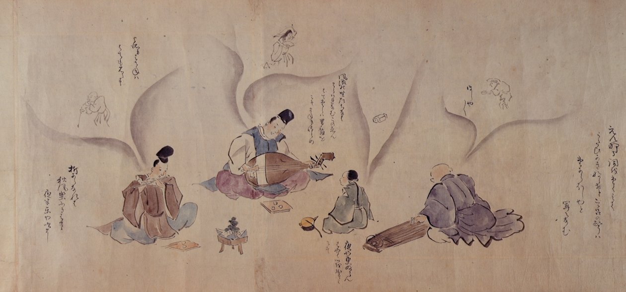 日本音乐家，选自松平贞信（1758-1829 年）的《Kokoro No Soshi》，约 1802 年（纸上钢笔、墨水和水彩画） 作者 日本学校