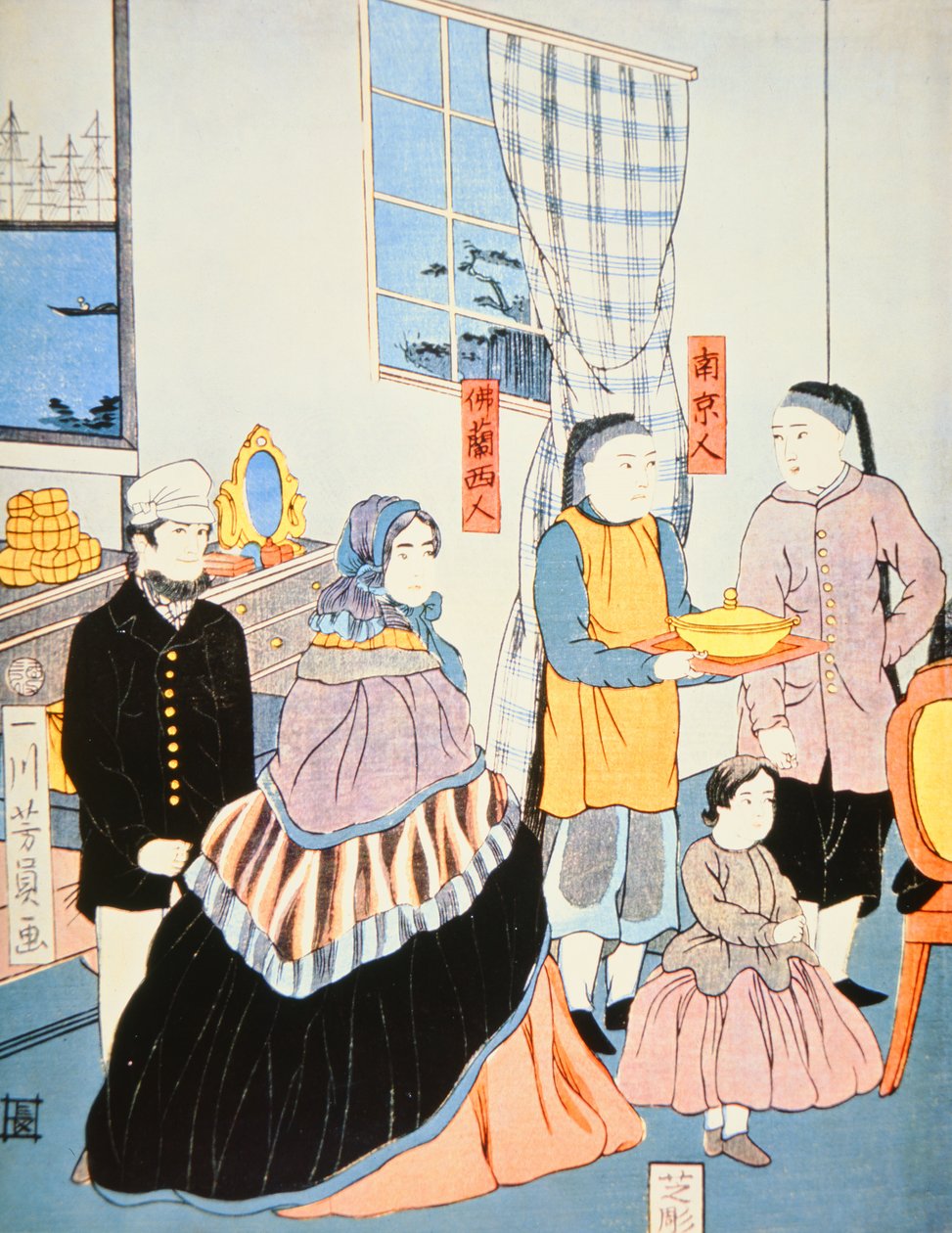 日本版画 c.1870 展示欧洲游客到日本（彩色木版画） 作者 日本学校