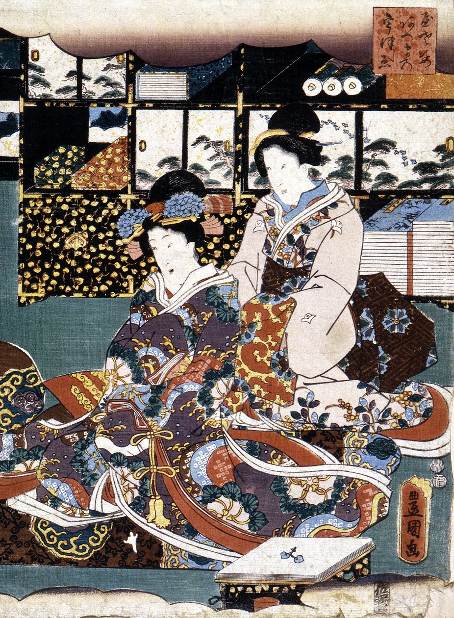 日本印刷品：两个女人，未注明。 作者 日本学校