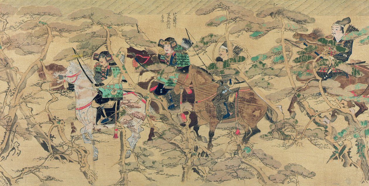 在1274年蒙古入侵日本期间骑马通过松树林的日本士兵，插图来自Kokka杂志，1921年5月 作者 日本学校