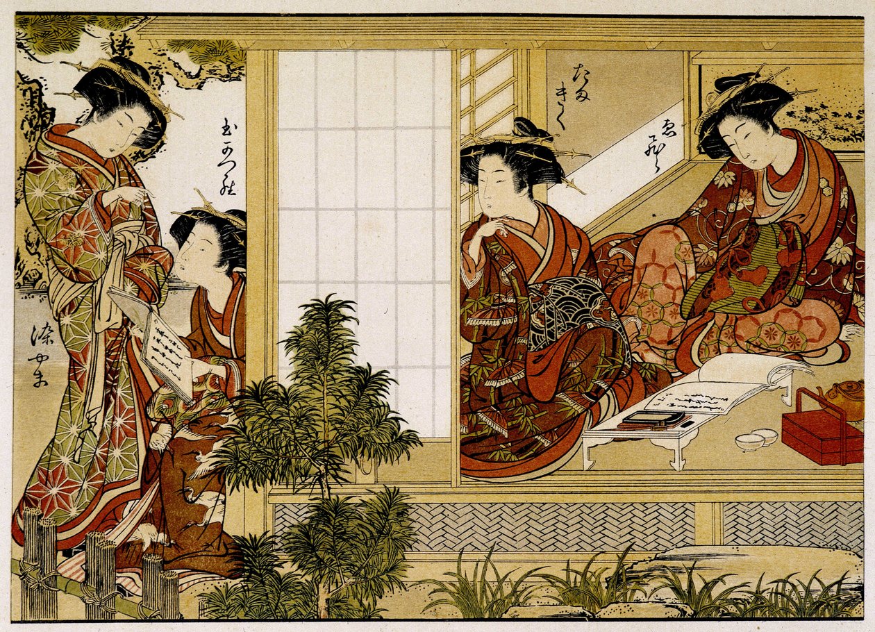会写作和阅读的日本女性。 18 世纪印刷品。 作者 日本学校