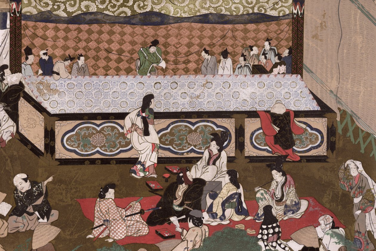 京都集市上的歌舞伎剧场，根据 "Kokka "第 17 幅画绘制的插图，1924 年 11 月（彩色石版印刷）。 作者 日本学校