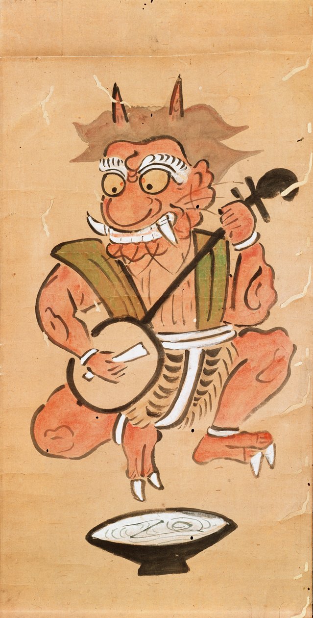 Kakemono描绘了一个扮演三味线的魔鬼（纸卷上的墨水和颜色） 作者 日本学校