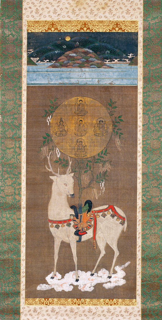 春日鹿与曼陀罗，室町时代（1392-1573）（画在丝绸上） 作者 日本学校
