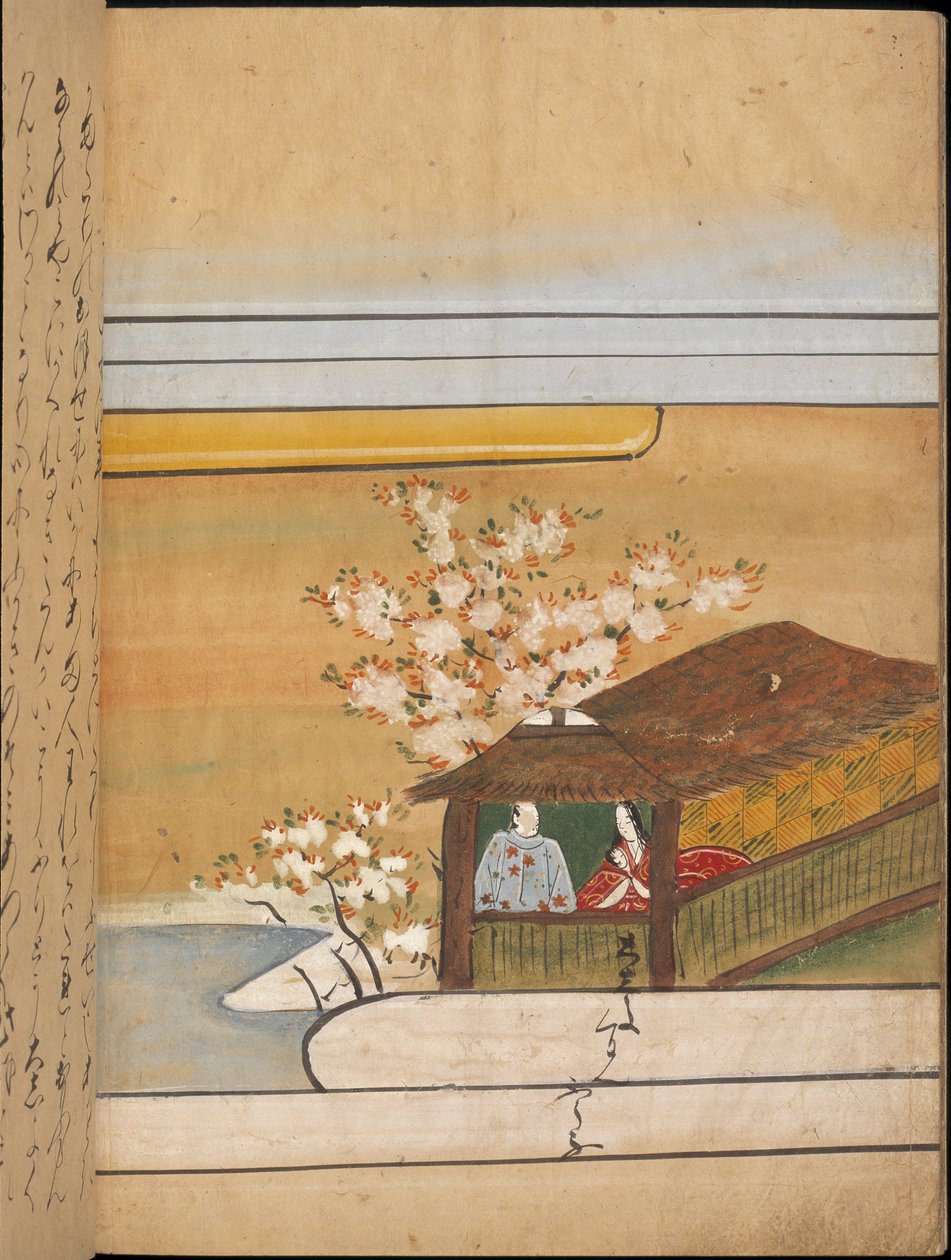 亭子里的男人和女人，《大食馆》插图（纸本彩墨画） 作者 日本学校