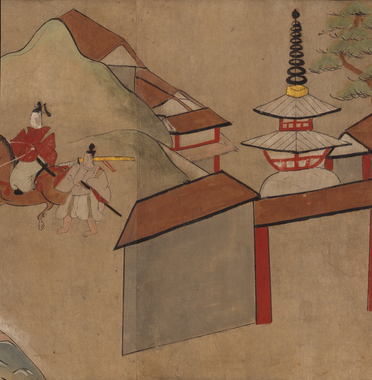 男子在宝塔附近骑马，《大正藏》中的插图（纸本水墨彩色画） 作者 日本学校
