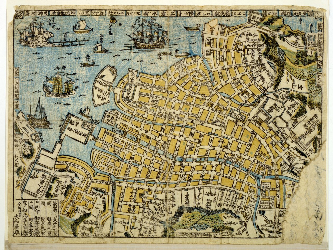 长崎地图，c.1801（彩色木刻） 作者 日本学校