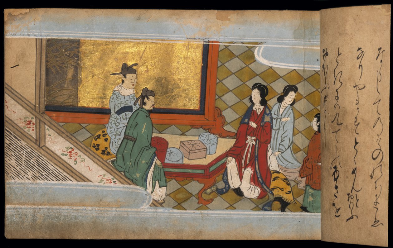 男人给女人送礼物，《大食馆》插图（纸本水墨彩色画） 作者 日本学校