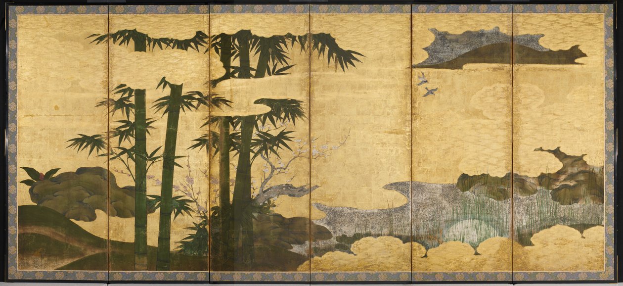 月光下的竹林，16世纪初（六扇屏风一对；墨、色、金
纸上）。) 作者 日本学校