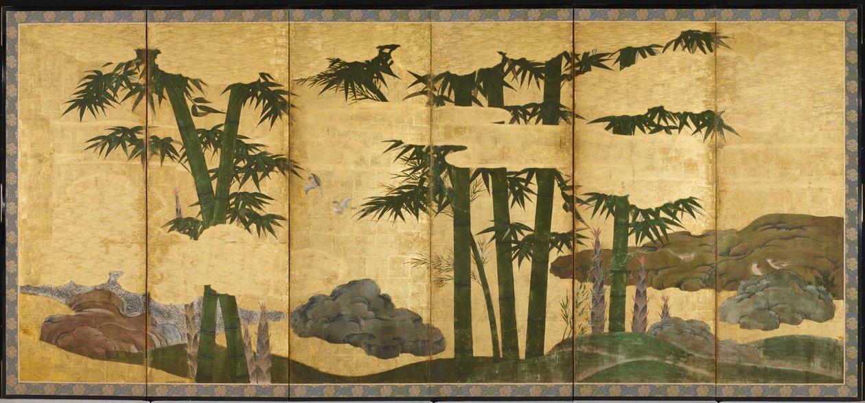 月光下的竹林，16世纪初（六扇屏风一对；墨、色、金
纸上）。 作者 日本学校