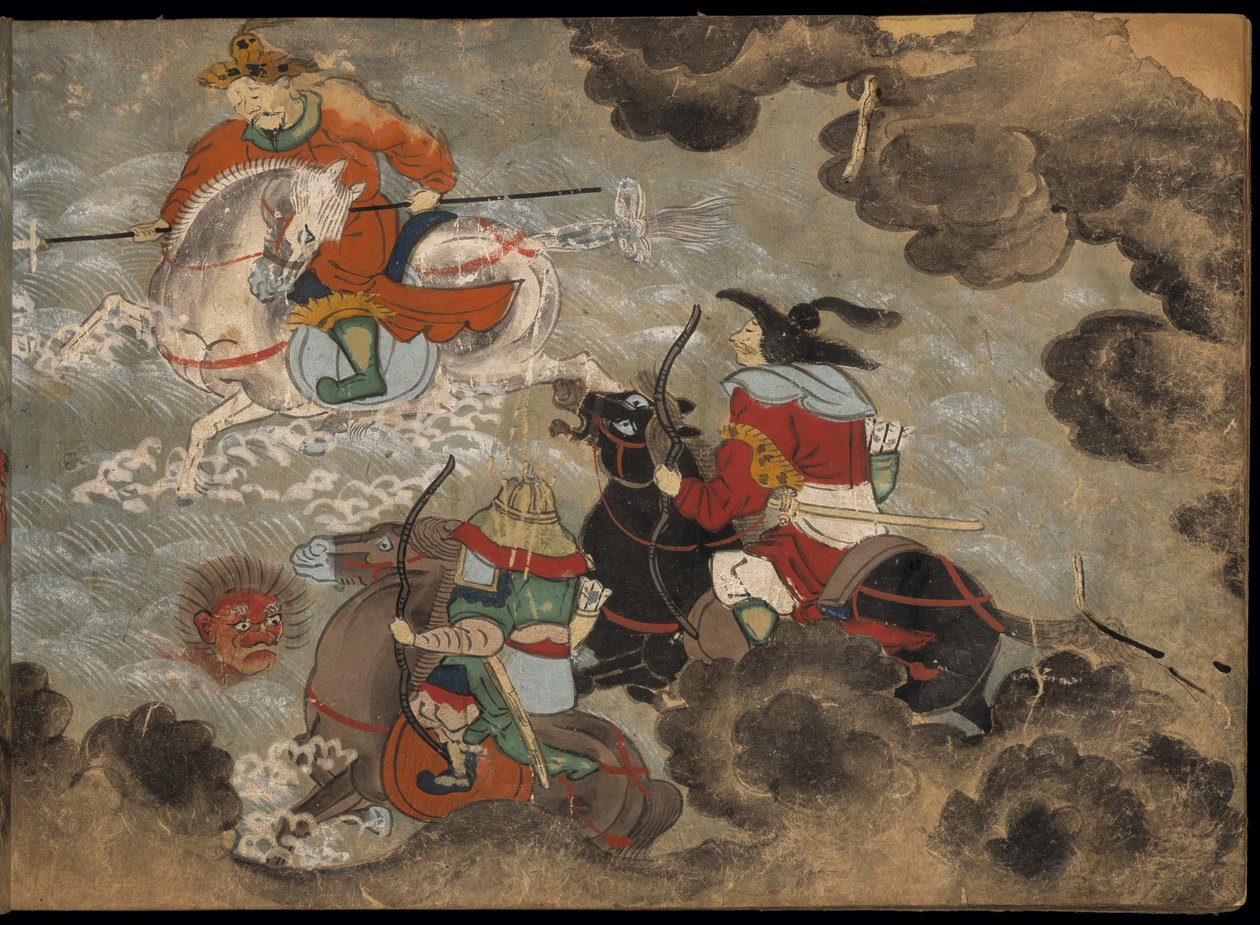 骑兵与恶魔作战，《大食馆》中的插图（纸本水墨彩色画） 作者 日本学校