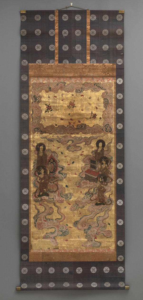 壁画：二十五岁的后裔 菩萨（阿弥陀佛的侍从）， 18 世纪（三联画挂轴：墨水、颜色和金色 纸上叶子，黄铜） 作者 日本学校