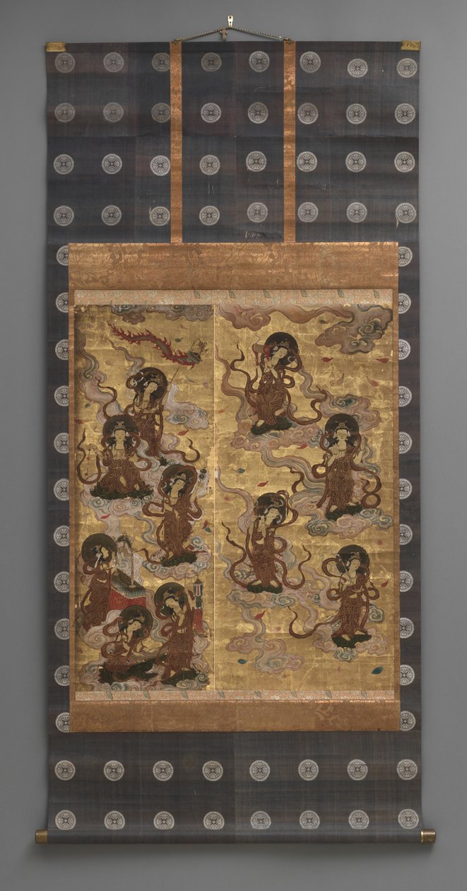 壁画：二十五岁的后裔 菩萨（阿弥陀佛的侍从）， 18 世纪（三联画挂轴：墨水、颜色和金色 纸上叶子，黄铜） 作者 日本学校