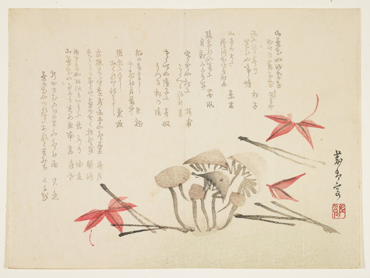 蘑菇，枫叶和松针（彩色木版画） 作者 日本学校