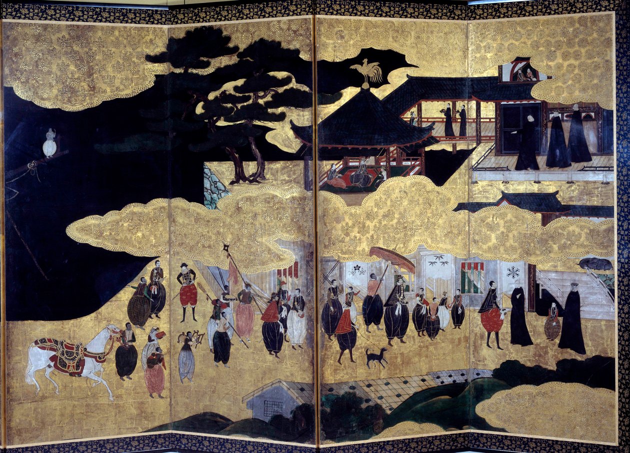 Namban Byobu 屏风被称为“葡萄牙语”：代表 16 世纪葡萄牙耶稣会传教士抵达日本。 由卡诺学校实现。 17世纪。 巴黎，吉美博物馆，亚洲艺术国家博物馆 作者 日本学校