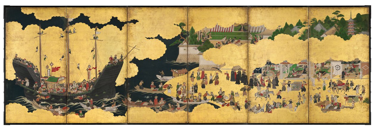 南半六屏显示描绘江户时代葡萄牙贸易船的到来 作者 日本学校