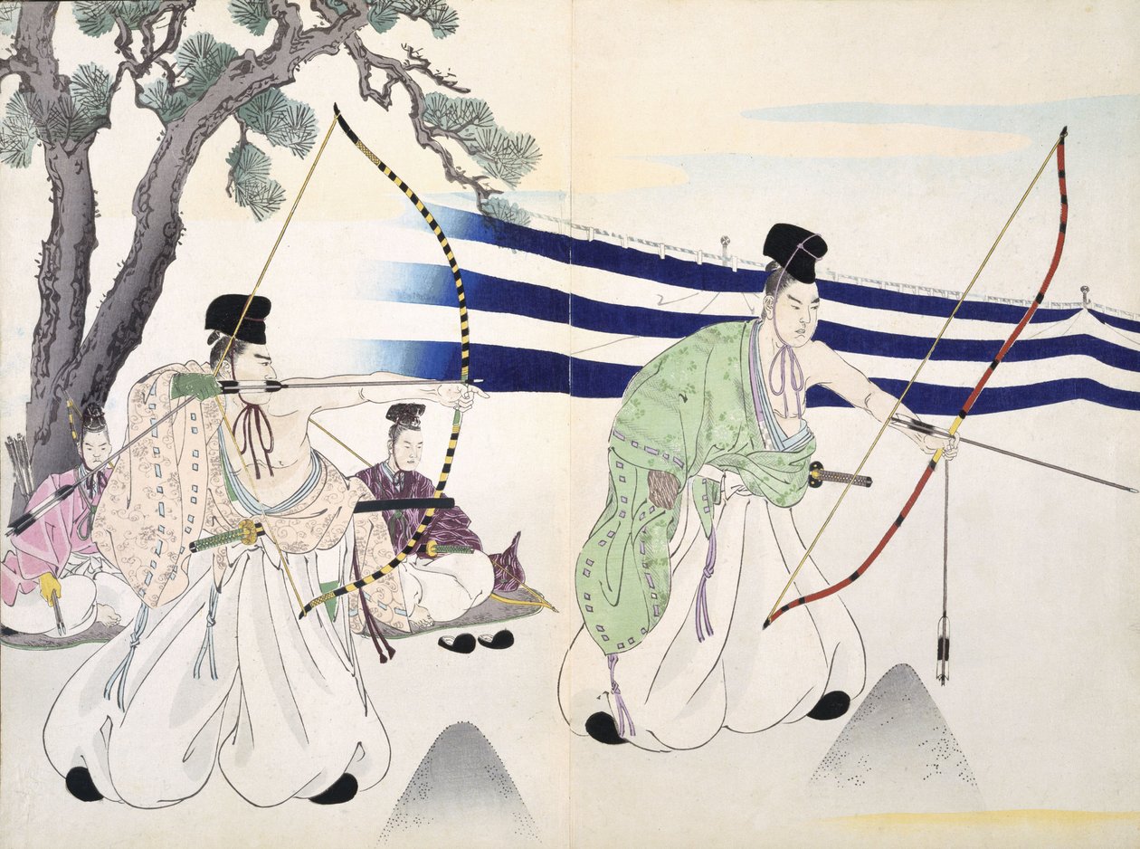 贵族练习射箭（详见255314），19世纪，来自Woodcuts专辑，彩色木版画 作者 日本学校