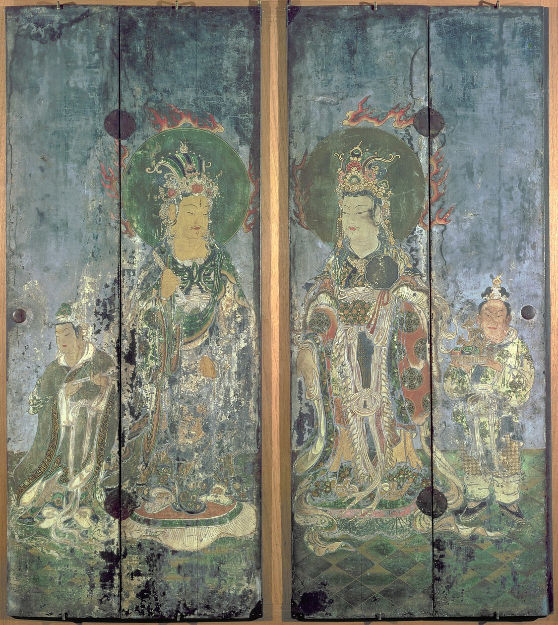一对神社之门，描绘了梵天和英德拉或者博滕和泰山库腾，室町时期（漆器上的彩色和镀金木） 作者 日本学校