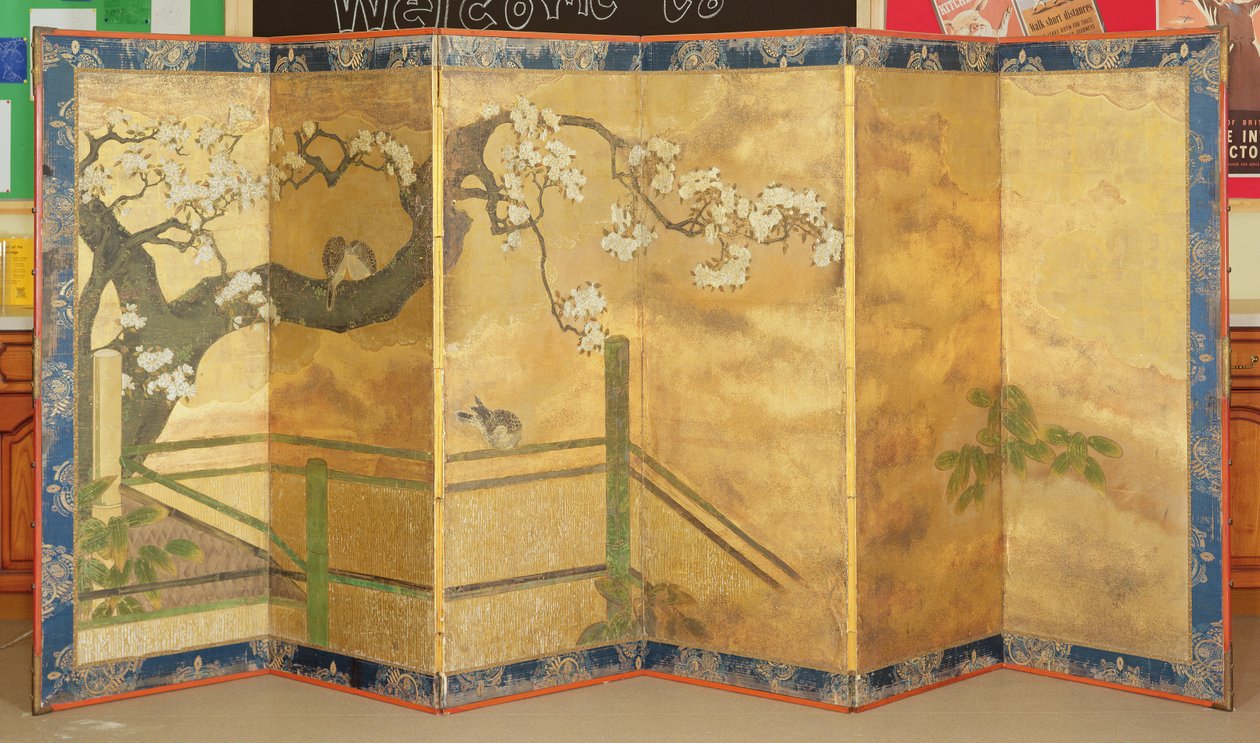 一对彩绘屏风中的一个，日本，17 世纪末或 18 世纪初（见 144895 一对） 作者 日本学校