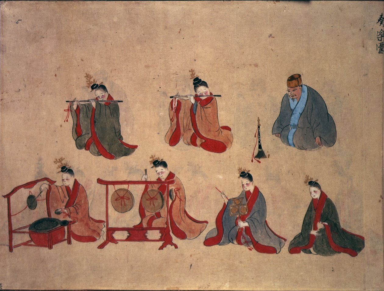 Or.961 fol.5 七个坐着的乐师，来自琉球的音乐表演，约 1800-50 年（纸上钢笔、墨水和水彩） 作者 日本学校