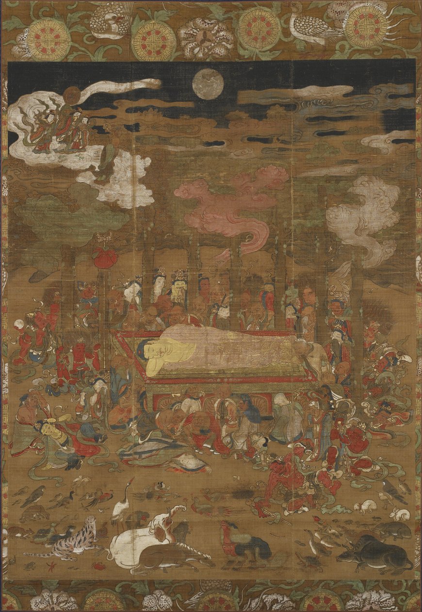 释迦牟尼的Parinirvana，历史佛（墨水，颜色和丝绸上的金） 作者 日本学校