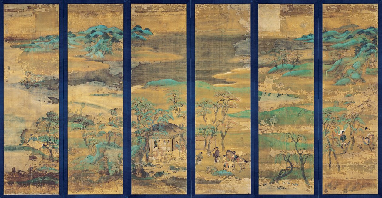 六幅屏风《山水》--佚名作品，绢本水粉画 作者 日本学校