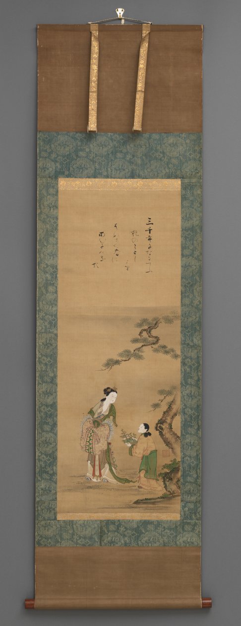 松树旁的桃娘和侍从， 19 世纪初（带木把手的水彩画） 作者 日本学校