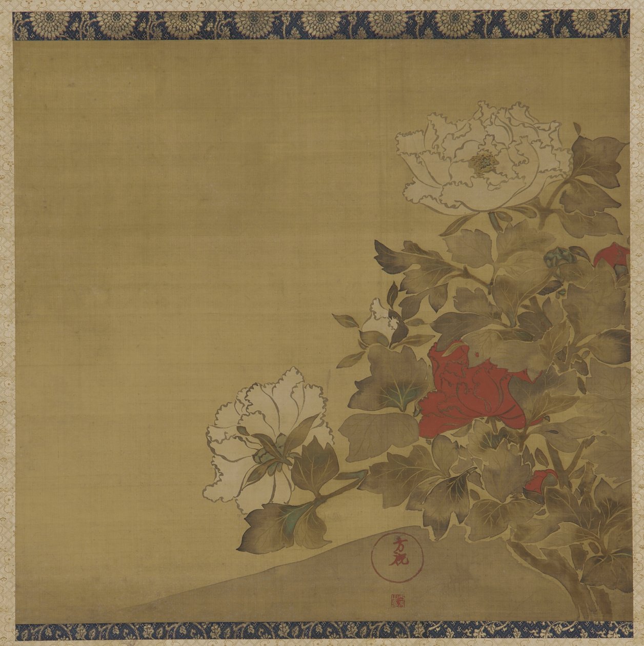 牡丹，江户时代（丝绸上的墨水和颜色） 作者 日本学校