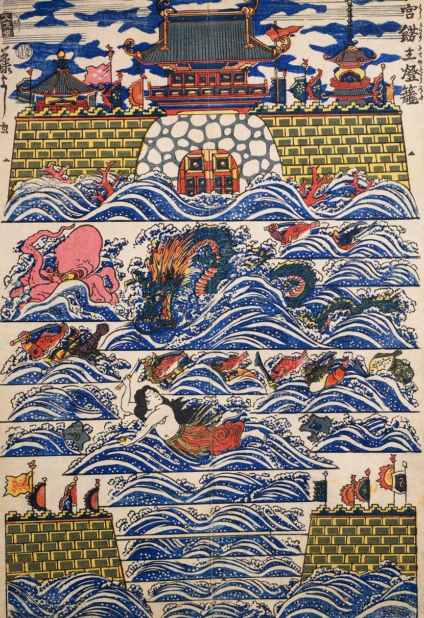 港口，上面有海浪的冲击，装饰板 作者 日本学校